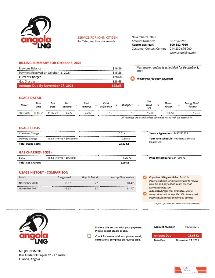 Angola LNG proof of address utility bill template in Word and PDF format